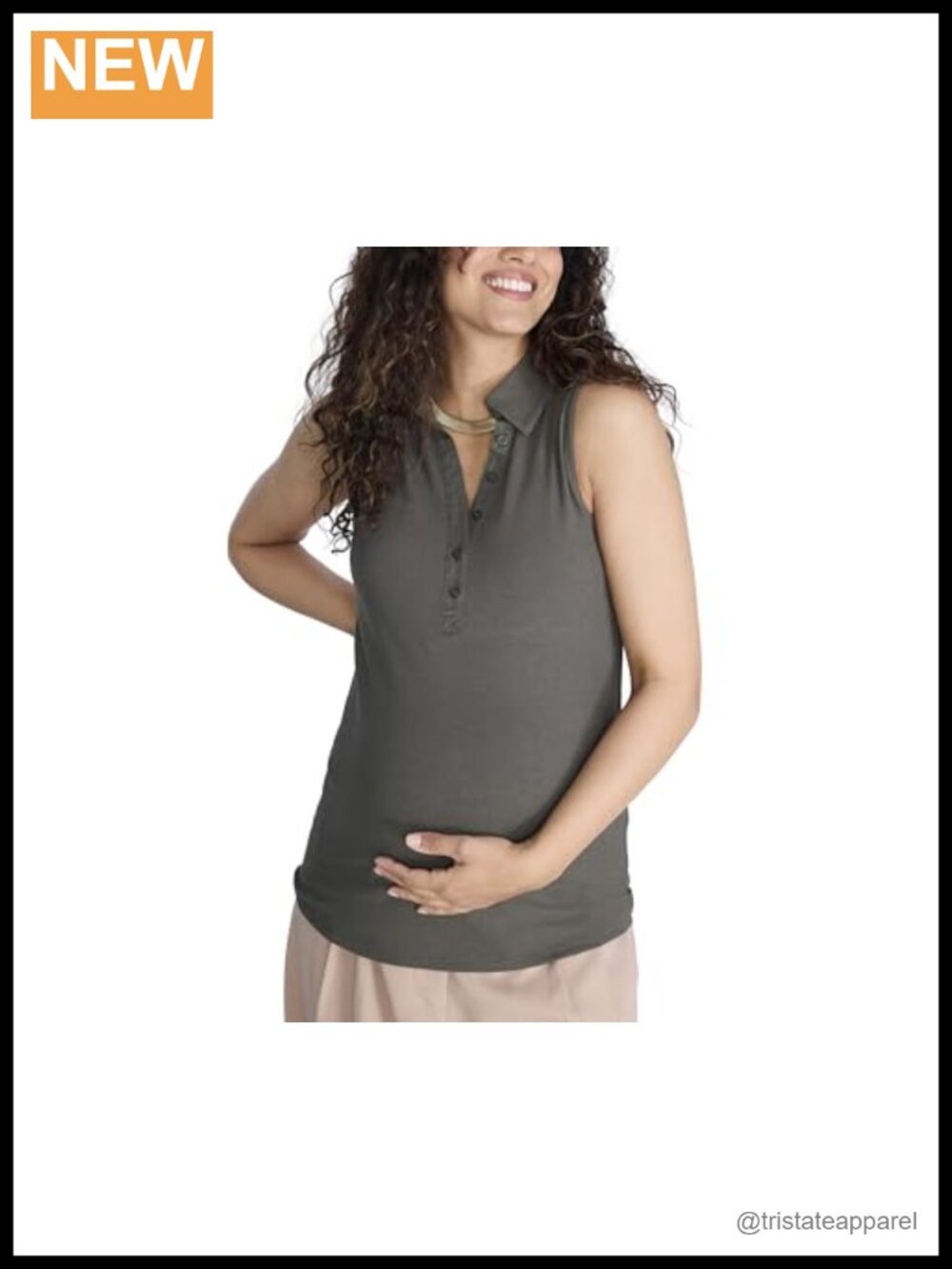 Maternity Sleeveless Rib Knit V-Neck Polo Top, Stretchy Rayon Blend,